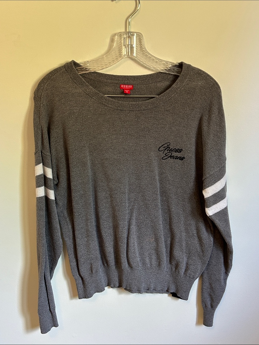 GUESS Gray Sweater with White Sleeve Stripes